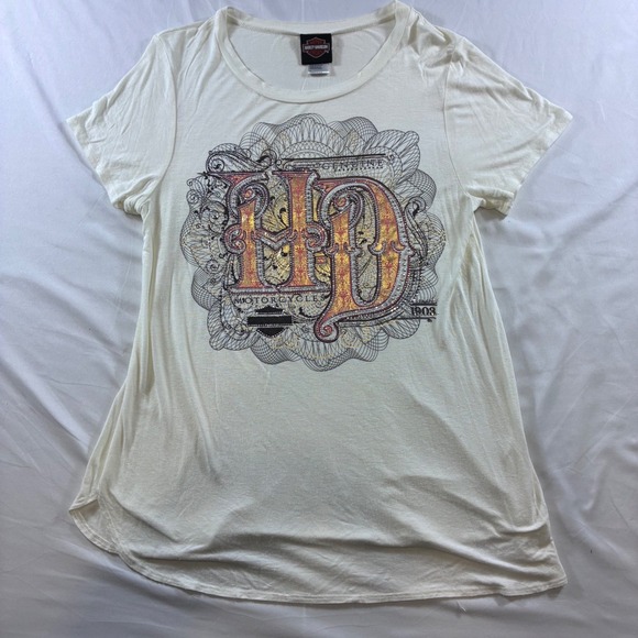 Harley-Davidson Tops - Harley-Davidson Womens Bedazzled Graphic T-Shirt Ivory Rayon M VTG